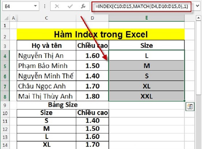 Cách dùng hàm index kết hợp hàm match