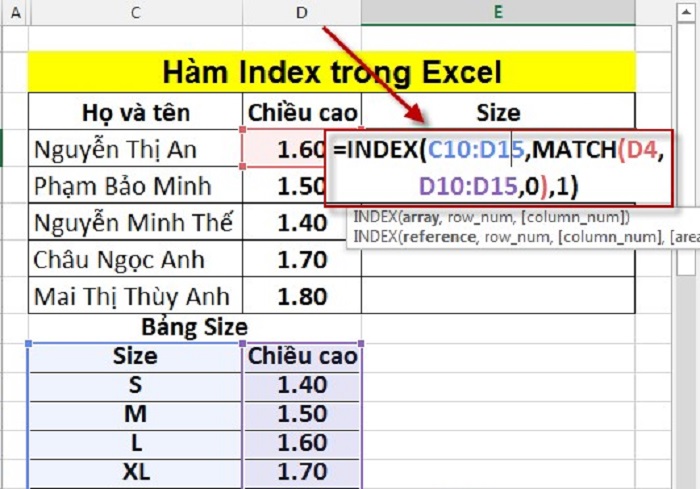 Cách dùng hàm index kết hợp hàm match