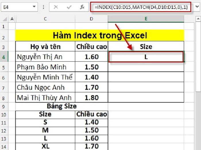 Cách dùng hàm index kết hợp hàm match