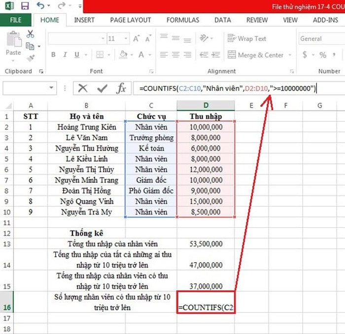 Trong ví dụ này, hàm countifs của Excel thỏa mãn hai điều kiện trên sẽ tự động bỏ qua những người không có chức danh nhân viên và có thu nhập dưới 10 triệu.
