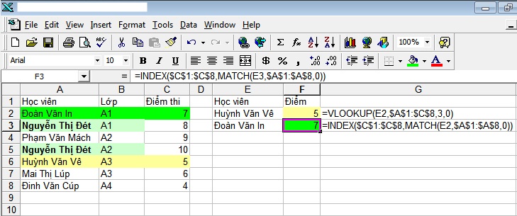 Sử dụng kết hợp hàm index và match trong Excel với ví dụ cụ thể - Hình 6