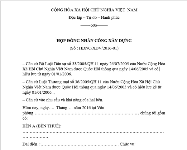 Mẫu hợp đồng thuê nhân công xây dựng có những điều khoản gì cần lưu ý?